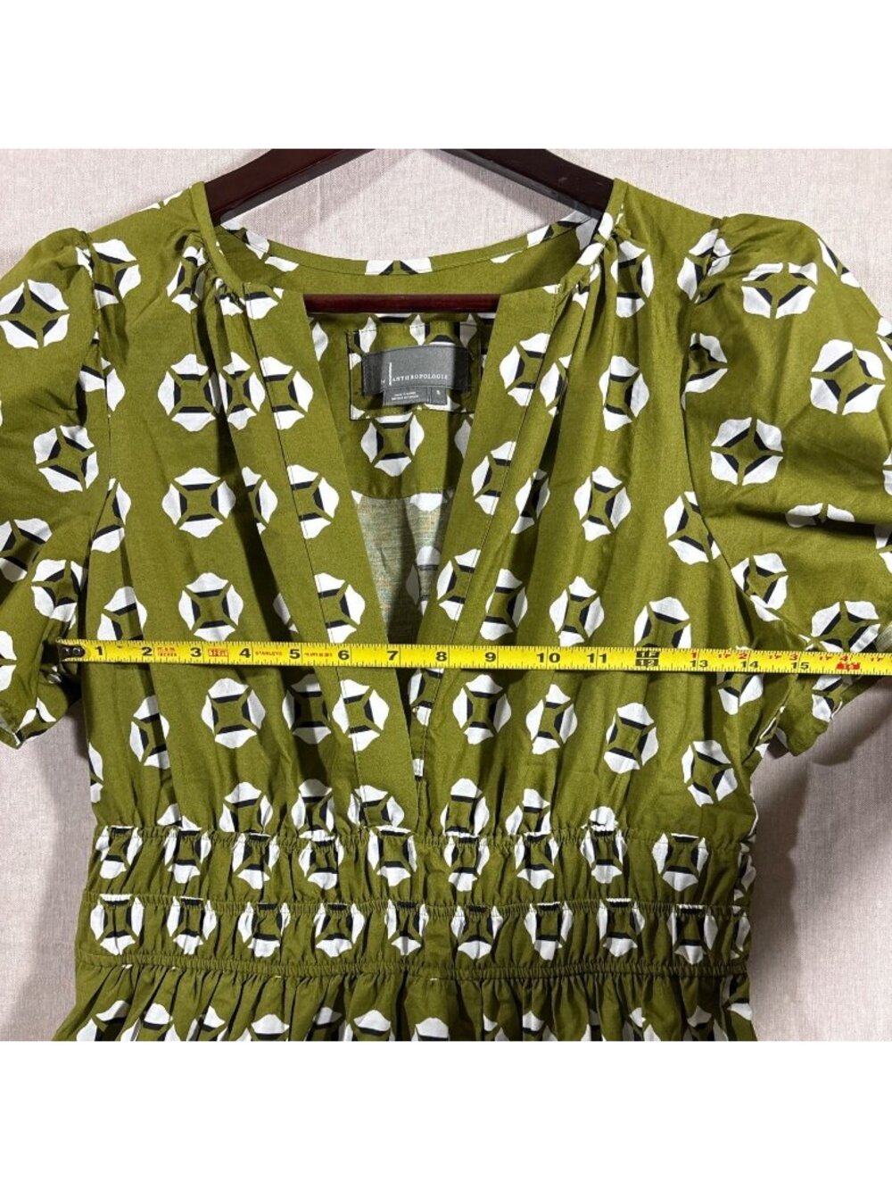 Anthropologie Somerset Olive Green Geometric Print Maxi Dress Size S Pockets - Picture 7 of 11